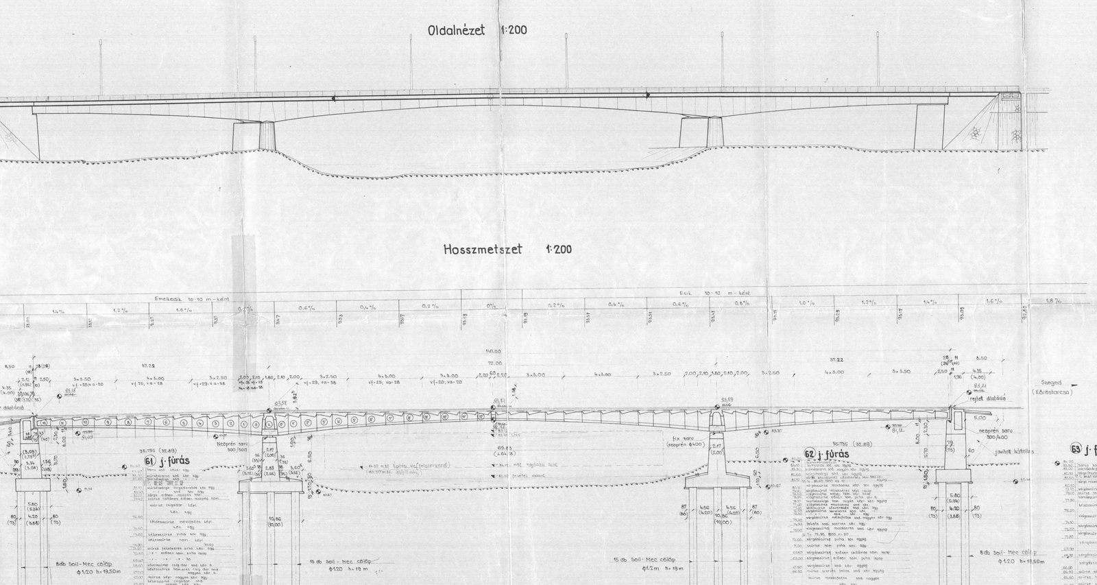 Side elevation and longitudinal section of the Sebes-Körös bridge at Körösladány: a three-span, 147 m long prestressed concrete box girder bridge
