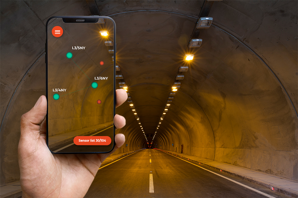 SURVIOT augmented reality app pointing at sensors in a tunnel